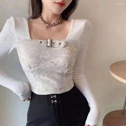 Women's T Shirts Long Sleeve Square Collar Top For Girls Slim Short With Lace Spliced Sweet And Basic Streetwear Early Spring