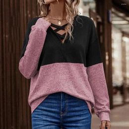 Women's Blouses Streetwear Pullover Cross-contrast Stitching T-shirt Women V-neck Long Sleeve Colorblock V Neck