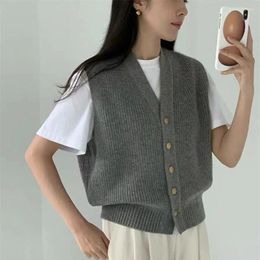 Women's Vests Women V Neck Single Breasted Button Knitting Coats Cardigan Solid Colour Lazy Wind Casual Warm Loose Slight Strech