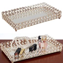 Crystal Decorative Tray Table Makeup Organiser Glass Mirror Perfume Lipstick Storage Plate Luxury Serving Tray Home Trinket Dish 240125