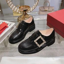 Dress Shoes Loafers 2024 Spring And Autumn Square Buckle Round Head Chunky Heel Preppy Style Versatile Slip-on Casual Pumps Women