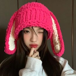 Cute Long Rabbit Ear Hats Women Winter Thick Warm Bomber Hat Casual Knitted Woolen Bonnet Handmade Punk Beanies Grunge Y2k Hat 240127