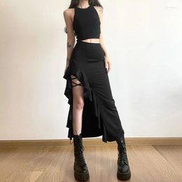 Skirts Black High Waist Bodycon Asymmetric Skirt E-Girl Punk Ruffles Split A-Line Y2K Edible Tree Fung Women Streetwear Bottoms