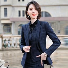 IZICFLY Autumn Spring Professional Plaid Uniform Business Suits with Trouser Slim Office Blazer Set For Women Work Wear1 Piece 240127