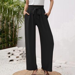 Women's Pants Office Wide Leg Lightweiht Adjustable Waist Bow Tie Loose Comfortable Casual For Women
