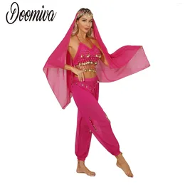 Abbigliamento da palco Set di costumi di Bollywood Set da donna per danza del ventre Abiti da spettacolo Velo di chiffon Crop Top e pantaloni Costumi arabi