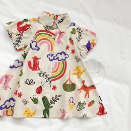 28T Toddler Kid Baby Girl Dress Summer Clothes Short Sleeve Rainbow Graffiti Print T Shirt Fashion Infant Outfit 240131