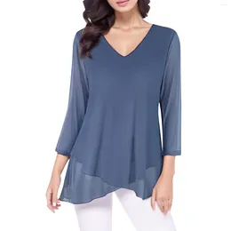 Women's Blouses Chiffon Tunic Tops Asymmetric Hem Casual Women Dressy Spring Long Sleeve V Neck Loose Pullover Lady Office Blouse Shirts