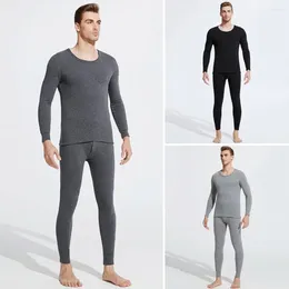 Men's Thermal Underwear Set Elastic Long Johns Round Neck Winter Pajamas With Thick Fleece Lining Slim Fit For Sport