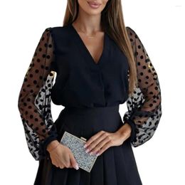 Women's Blouses Casual V-neck Blouse Stylish V Neck Mesh Patchwork With Long Sleeve Dot Print Soft Breathable Fabric For Ol