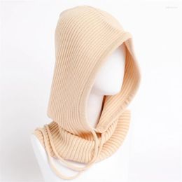 Berets Solid Pullover Balaclava Hat For Women With Rope Adjustable Skullies Beanies Magic Striped Woollen Yarn Caps Neckerchief Muffler