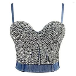 Women's Tanks Fashion Hand-made Pearls Bralet Corselets Streetwear Tank Tops Bustier Bra Cropped Top Sexy Denim Vest Summer 2024