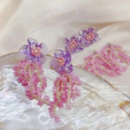 Dangle Earrings Ins Cute Handmade Beading Tassel Purple Women Girl Romantic Date Jewelry Gift