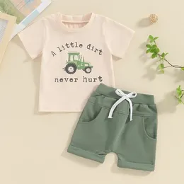 Clothing Sets Summer Toddler Kids Baby Boy Clothes Letter Car Print Short Sleeve Round Neck T-Shirts Solid Pocket Shorts 2pcs Outfits