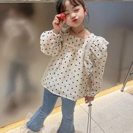 Autumn Girls Clothing Set Casual Polka Dot Top Long Sleeved Shirt Fashion Personalized Lace Jeans Children s Clothes Suit 240131
