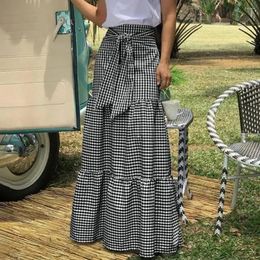 Skirts High-waist Plaid Skirt Print Maxi For Women A-line Big Swing Patchwork With High Elastic Waist Lace-up Occasions