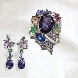 Necklace Earrings Set BAOSHINA Luxury Purple Flower Zircon Butterfly Wedding Jewellery For Women Grils Ring Accessories Female