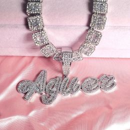 Custom Brush Cursive Iced Out Letter Name Pendant Word Necklace With Rhinestone Baguettes Chain Drop Shiping 240125