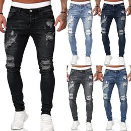 Men's Jeans Men Denim Pencil Pant Slight Strech Sheath High Street Spring 2024 Solid Pockets Slim Mid Waist Holes Ankle Length