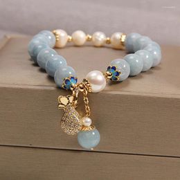 Strand Fashionable Natural Sea Blue Treasure Jade Crystal Bracelet Women's Light Luxury Pearl Money Bag Pendant Wedding Party Jewellery