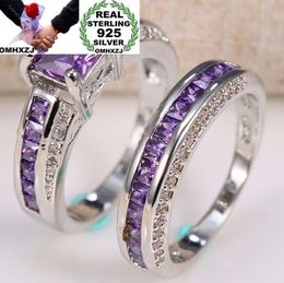 OMHXZJ Whole European Fashion Woman Man Party Wedding Gift Square Amethyst 925 Sterling Silver Ring Set RR764174496