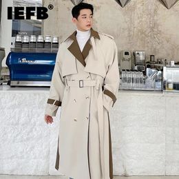 IEFB Fashion Male Autumn Spliced Long Trench Coat High Qualtiy Men Loose Lapel Double Breasted Windbreaker With Belt 9D09 240122