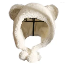 Berets Women Winter Fuzzy Plush Earflap Hat Cartoon Bear Ears Chin Strap Windproof Thermal Trapper Cap Drop