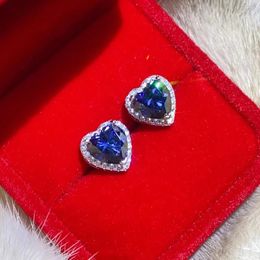 Stud Earrings Gem Blue Moissanite Diamonds Heart-shaped Earring Woman Fashion Gift Bright Cut 925 Silver Bride Wedding Luxury Jewelry