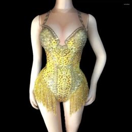 Stage Wear Fashion Gold Tassel Sparkly Rhinestones Bodysuit Female Singer Neon Bright Sexy Costume One-piece Clothing