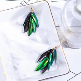 Vanssey Ethnic Fashion Jewellry Thailand Natural Beetle Wings Green Tassel Dangle Earrings Wedding Party Accessories for Women 240124