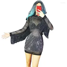 Stage Wear Black Sexy Perspective Crystals Tassels Sleeve Short Dress Mesh See-through Rhinestones Tights Nightclub DJ Singer Costume