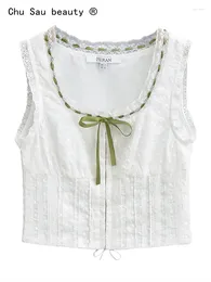 Women's T Shirts 2024 Spring Summer Vintage Fashion Cute White Lace Edge U-Neck T-Shirt Woman Bow Short Vest Crop Top Female