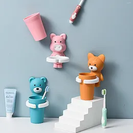 Bath Accessory Set Toothbrush Cup Kids Cute Animal Wall Mounted Holder With Suction Wall-Mounted Bathroom Accessories For