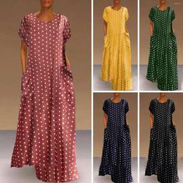 Casual Dresses Vintage Polka Dot Print Long Maxi Dress For Women Round Neck Short Sleeve Pockets Loose Summer 2024