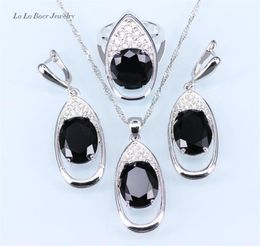 Trendy Big Black stone White Rhinestone Huge Round silver 925 Jewellery Sets For Women Drop Earrings Pendant Necklace Ring207E1114694