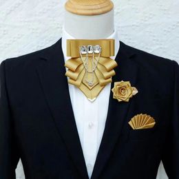Original White Rhinestone Fringed Bow Tie Brooch Set Mens Womens British Korean Business Dress Wedding Bowtie Pocket Towel Pin 240202