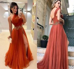 Arabic Aso Ebi Brown Tulle A Line Prom Dresses Sexy High Split One Shoulder Women Special Occasion Party Gowns With Beaded Belt Vestidos Second Reception Dress CL3290