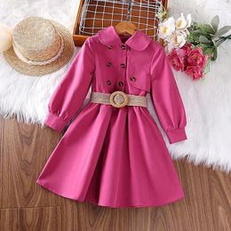 Jackets Korean Style Autumn Baby Girls Dresses Pink Green Double Breasted Coats Puff Sleeves Pleated With Waistbands