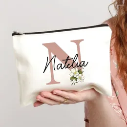 Cosmetic Bags Custom Name Wash Bag Flower Letters Women Travel Organiser Eco Canvas Make Up Cute Pencil Case DIY Ladies Purse