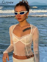 Women's T Shirts Cute Y2K Summer Solid Colour See-Through Sexy Mesh Women Crop Top 2024 Fashion Beach Vacation Skinny Lace Long Sleeve