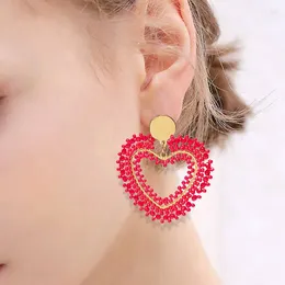 Dangle Earrings Rice Bead Crystal Heart Red Hollow Out Hand Knitting Bohemia Alloy Fashion Simple Beaded