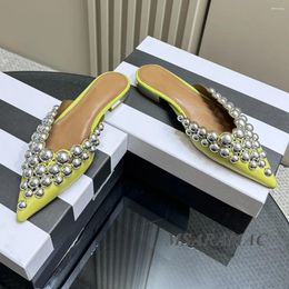 Slippers Summer Light Green Pointed Toe Metal Ball Decorated Flat Real Leather Women's Large Size Mules Vacation Shoes