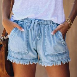 Women's Shorts Womens Pocket Jeans Denim Pants Female Tassel Bandage Bottom Casual Elastic Waist Summer Homewear Ladies Short