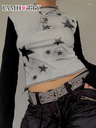 Women's T Shirts IAMTY Star Graphic Print Vintage Crop Top Long Sleeve Shirt Women Grey Patchwork Pullovers Autumn Casual Basic Cotton Tee