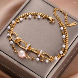 Charm Bracelets Stainless Steel Baroque Pearl Layered Bracelet Buckle Link Chain Beads Bangles Women Fashion Jewelry Accessories Party Gift