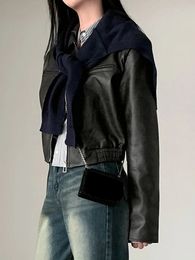 Women s Faux Leather Crop Jacket Long Sleeve Lapel Zipper Moto Biker Short Jacket 240202