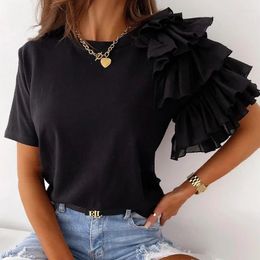 Women's T Shirts Women Asymmetrical Lace O-Neck Casual T-shirts 2024 Summer Short Solid Colour Girls T-shirt Office Lady Party Tops Fashion