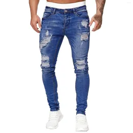 Men's Jeans Skinny Stretch Solid Ripped Holes Frayed Gradient Washed Trousers With Slim Fit Harajuku Daily Wear Joggers