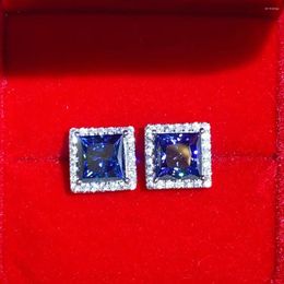 Stud Earrings Gem Blue Princess Square Moissanite Diamonds Earring Woman Jewelry Bright Cut 925 Silver Sweethearts Be Engaged Gift