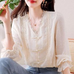 Women's Blouses Autumn Style V-neck Long Sleeved Elegant Beaded Chiffon Lace Shirt Blouse For 2024 Loose Fitting Slimming Top